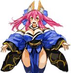  :d animal_ears blue_legwear blush breasts cleavage fate/extra fate_(series) fox_ears hair_ribbon japanese_clothes kimono large_breasts looking_at_viewer open_mouth pink_hair ribbon sachito simple_background smile solo tamamo_(fate)_(all) tamamo_no_mae_(fate) teeth thighhighs twintails white_background wide_hips yellow_eyes 