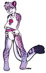  2015 anthro cat diaper feline female fur hands_behind_back larecat mammal monamoo one_eye_closed purple_fur simple_background smile solo spots standing white_background wink 