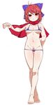  bad_id bad_pixiv_id bikini blush bow breasts cape covered_nipples full_body hair_bow karasawa-40 looking_at_viewer medium_breasts micro_bikini navel red_eyes red_hair sekibanki short_hair simple_background solo swimsuit touhou white_background 