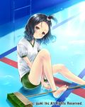  barefoot between_legs blush cleaning_brush company_name empty_pool forehead gym_shorts gym_uniform hand_between_legs hanekoto polka_dot polka_dot_scrunchie pool_ladder scrunchie shorts sitting solo topknot wavy_hair 