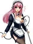  breasts buttons cleavage commentary_request detached_collar headphones highres large_breasts long_hair looking_at_viewer maid microphone nitroplus open_clothes open_mouth pink_hair red_eyes side_slit solo super_sonico thighhighs unbuttoned yamasuke_mk2 