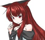  :c animal_ears bare_shoulders blush_stickers brooch dress ganmaganmo imaizumi_kagerou jewelry long_hair looking_at_viewer off_shoulder playing_with_own_hair red_eyes red_hair shy solo tears touhou wolf_ears 
