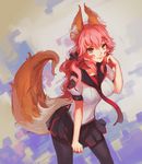  animal_ears black_legwear brown_eyes fate/extra fate_(series) fox_ears fox_tail highres long_hair looking_at_viewer pantyhose pink_hair pleated_skirt saimon_ma school_uniform skirt smile solo tail tamamo_(fate)_(all) tamamo_no_mae_(fate) 