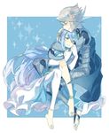  1girl aisutabetao anklet aqua_(fire_emblem_if) armor barefoot blue blue_hair blush cape closed_eyes couple dress elbow_gloves fingerless_gloves fire_emblem fire_emblem_if frame gloves hair_between_eyes hairband hetero hug jewelry long_hair male_my_unit_(fire_emblem_if) my_unit_(fire_emblem_if) pointy_ears short_hair smile soles toeless_legwear veil very_long_hair white_gloves white_legwear 