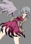  absurdres covering_mouth dress grey_background grey_hair highres jacket kishin_sagume legs_apart long_sleeves looking_at_viewer open_clothes open_jacket purple_dress purple_eyes sakurame short_dress silver_hair simple_background single_wing solo thighs touhou wings 