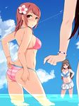  absurdres adjusting_clothes adjusting_swimsuit alternate_hairstyle ass bad_id bad_pixiv_id bikini black_hair bracelet breasts brown_hair cleavage cloud contrapposto day floral_print flower frilled_bikini frills hair_flower hair_ornament hand_on_hip hibiscus highres houjou_karen idolmaster idolmaster_cinderella_girls imacchi jewelry kamiya_nao large_breasts long_hair looking_at_viewer looking_back multiple_girls nail_polish out_of_frame partially_submerged pink_hair polka_dot polka_dot_swimsuit red_eyes shibuya_rin short_hair sideboob standing striped striped_bikini swimsuit wading 
