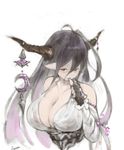  bandaged_arm bandages bangs black_gloves breasts cleavage collarbone crescent danua draph dress finger_to_mouth fingerless_gloves gloves granblue_fantasy hair_between_eyes highres horn_ornament horns huge_breasts long_hair n9+ pale_skin pointy_ears purple_hair red_eyes simple_background solo upper_body white_background white_dress 