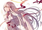  blurry breasts commentary_request depth_of_field feathered_wings feathers from_side hair_ribbon hijiri_(resetter) looking_to_the_side original red_ribbon ribbon solo upper_body white_background white_hair wings yellow_eyes 