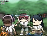  black_hair closed_eyes clothes_writing dated fish hamu_koutarou houshou_(kantai_collection) kantai_collection kaze_no_tani_no_nausicaa kinu_(kantai_collection) knife mittens multiple_girls mutsu_(kantai_collection) mutsu_(snail) ohmu pink_hair ponytail red_eyes red_hair shiranui_(kantai_collection) short_hair smile translated welding_mask when_you_see_it 