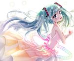  absurdres aqua_hair beamed_eighth_notes blue_eyes dress eighth_note floating_hair hand_on_own_chest hatsune_miku highres long_hair musical_note open_mouth quarter_note red_string rokku solo string tears twintails very_long_hair vocaloid white_background 