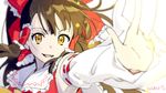  :d armpits artist_name blurry bow brown_eyes brown_hair card close-up collar depth_of_field frilled_shirt_collar frills hair_bow hair_tubes hakurei_reimu japanese_clothes miko open_mouth outstretched_arm parted_lips simple_background smile solo touhou urata_asao white_background 