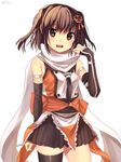  bangs brown_eyes brown_hair cowboy_shot double-breasted elbow_gloves fingerless_gloves gloves hair_ornament hakusai_ponzu kantai_collection necktie open_mouth pleated_skirt remodel_(kantai_collection) scarf sendai_(kantai_collection) single_thighhigh skirt solo thighhighs two_side_up white_background white_scarf 