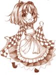 apron bell checkered checkered_clothing hair_bell hair_ornament monochrome motoori_kosuzu open_mouth solo touhou two_side_up wide_sleeves yuran_(kuen-hien) 