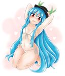  armpits arms_behind_head arms_up barefoot bikini blue_hair blush commentary flat_chest food fruit hat heart highres hinanawi_tenshi king_(ougon_kingyo-bachi) kneeling long_hair looking_at_viewer md5_mismatch navel peach red_eyes ribs solo swimsuit tears thighs touhou very_long_hair wide_hips 