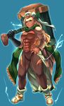  abs bare_shoulders bracer genderswap genderswap_(mtf) highres kbng lightning mjolnir muscle muscular_female puzzle_&amp;_dragons solo thor_(p&amp;d) 