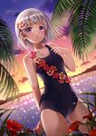  chestnut_mouth commentary dew_drop english_commentary flower hair_flower hair_ornament hibiscus lei new_school_swimsuit one-piece_swimsuit original purple_eyes school_swimsuit short_hair silver_hair solo sparkle swimsuit tan water_drop yatomi 
