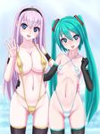  aqua_eyes aqua_hair areola_slip areolae arm_around_waist blue_eyes breasts covered_nipples elbow_gloves gloves hairband hatsune_miku large_breasts long_hair megurine_luka multiple_girls nail_polish navel o-minato pink_hair slingshot_swimsuit small_breasts swimsuit thighhighs twintails very_long_hair vocaloid 