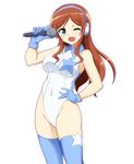  brown_hair gloves green_eyes gundam gundam_build_fighters gundam_build_fighters_try hand_on_hip headphones kamiki_mirai leotard long_hair microphone one_eye_closed ouhashi solo thighhighs 