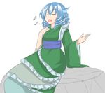  :d blue_hair closed_eyes drill_hair eighth_note ganmaganmo head_fins japanese_clothes kimono mermaid monster_girl music musical_note obi open_mouth sash singing smile solo teeth touhou u_u wakasagihime 