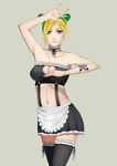  bad_id bad_pixiv_id bare_shoulders blonde_hair breasts choker cleavage collarbone cowboy_shot double_bun green_hair jojo_no_kimyou_na_bouken jojo_pose kuujou_jolyne large_breasts maid multicolored_hair navel pose purple_eyes shady_(373162955) solo stone_ocean tattoo thighhighs two-tone_hair zettai_ryouiki 