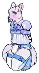  2015 anthro blush bound canine clothed clothing diaper fur girly grey_fur kneeling male mammal monamoo pacifier shy simple_background solo tornpup white_background 