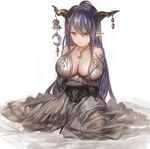  aos bandaged_arm bandages black_hair breasts cleavage collarbone danua draph dress granblue_fantasy horn_ornament horns jewelry jpeg_artifacts large_breasts long_hair necklace parted_lips pointy_ears red_eyes sitting solo wariza white_dress 