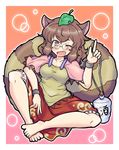  ;d animal_ears barefoot blush brown_eyes brown_hair eruru_(erl) fang futatsuiwa_mamizou glasses gourd highres index_finger_raised leaf leaf_on_head one_eye_closed open_mouth pince-nez raccoon_ears raccoon_tail sitting smile solo tail touhou 