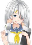  absurdres blue_eyes cheek_pinching commentary_request disembodied_limb hair_ornament hairclip hamakaze_(kantai_collection) highres kantai_collection looking_at_viewer neckerchief pinching sailor_collar short_hair silver_hair sin_(kami148) solo upper_body white_background 