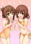  bikini brown_eyes brown_hair fang folded_ponytail heart heart_hands heart_hands_duo ikazuchi_(kantai_collection) inazuma_(kantai_collection) kantai_collection long_hair lowell_(ouranoss2kanata) multiple_girls one-piece_swimsuit short_hair swimsuit 