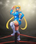  adapted_costume boots commentary highres jumpsuit long_hair rainbow_mika shorts smile solo street_fighter street_fighter_v twintails very_long_hair wingbuffet wrestling_outfit wrestling_ring 