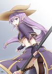  absurdres boots borrowed_character elf fingerless_gloves gloves hat highres kaleina_(ricegnat) long_hair looking_back low-tied_long_hair midriff original pointy_ears pokke_(pokke-chan) purple_eyes purple_hair sideways_mouth solo staff very_long_hair witch_hat 