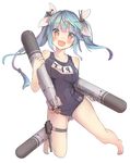  blue_hair breast_squeeze breasts fang hair_ribbon holding holding_torpedo i-19_(kantai_collection) isegawa_yasutaka kantai_collection kneeling long_hair medium_breasts one-piece_swimsuit open_mouth red_eyes ribbon school_swimsuit smile solo swimsuit torpedo twintails 