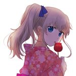  blue_eyes candy_apple charlotte_(anime) food highres japanese_clothes kimono licking long_hair ponytail silver_hair solo sunohara_(marble0131) tomori_nao yukata 