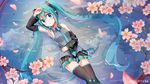  aqua_eyes aqua_hair arm_up armpits cherry_blossoms detached_sleeves hatsune_miku headphones long_hair looking_at_viewer lying necktie on_back partially_submerged petals skirt snowmi solo thighhighs twintails very_long_hair vocaloid water 