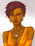  breasts brown_hair cleavage dark_skin dc_comics earrings elbow_gloves gloves gradient gradient_background jewelry mari_jiwe_mccabe necklace short_hair solo vixen_(dc) yellow_eyes 