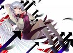  angel_wings ascot breasts brooch commentary directional_arrow dress highres jacket jewelry kishin_sagume long_sleeves medium_breasts open_clothes open_jacket pantyhose purple_dress purple_eyes rihito_(usazukin) short_dress silver_hair single_wing solo touhou wings 