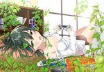  blush breasts cleavage controller dualshock fang game_controller gamepad green_eyes green_hair handheld_game_console heirou long_hair looking_at_viewer lying medium_breasts on_back open_mouth original overgrown playing_games playstation_vita shirt skirt solo unbuttoned 