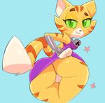  big_butt blush breasts butt cat_starfire clothed clothing colored feline female fur green_eyes green_sclera looking_at_viewer looking_back mammal orange_fur skirt skirt_lift smile solo starfire teen_titans tiger vimhomeless 