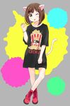  ;p animal_ears bad_id bad_tumblr_id bare_legs black_nails brown_hair cat_ears cat_tail check_(check_book) claw_pose commentary_request green_eyes gremlins high_tops idolmaster idolmaster_cinderella_girls maekawa_miku nail_polish one_eye_closed paint_splatter red_footwear shirt shoes solo t-shirt tail tongue tongue_out wristband 