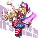  american_flag_dress american_flag_legwear blonde_hair character_name clownpiece commentary dress english fairy_wings hat jester_cap long_hair miata_(miata8674) open_mouth outstretched_arm pantyhose print_dress red_eyes short_dress smile solo standing standing_on_one_leg striped striped_dress striped_legwear torch touhou very_long_hair wings 