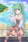  bad_id bad_pixiv_id beach day ficusmicrocarpa green_hair hatsune_miku jewelry kocchi_muite_baby_(vocaloid) long_hair natural_(module) necklace pink_eyes project_diva_(series) sitting skirt solo striped striped_legwear thighhighs twintails very_long_hair vocaloid 