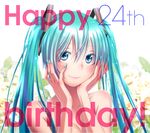  aqua_eyes aqua_hair bare_shoulders blush collarbone english fingernails hands_on_own_face happy_birthday hatsune_miku long_fingernails long_hair looking_at_viewer nail_polish number smile solo twintails upper_body vocaloid wokada 