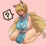  ? animal_ears barefoot blonde_hair blush breasts chanta_(ayatakaoisii) fox_ears fox_tail full_body huge_breasts looking_at_viewer multiple_tails naked_tabard no_hat no_headwear pink_background short_hair sideboob simple_background sitting solo spoken_question_mark sweatdrop tabard tail thick_thighs thighs touhou wariza yakumo_ran yellow_eyes 