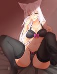  amanda_evelyn_earl animal_ears black_bra black_hanekawa black_legwear black_panties bow bow_bra bow_panties bra breasts cat_ears cleavage hanekawa_tsubasa highres large_breasts long_hair monogatari_(series) panties slit_pupils solo thighhighs underwear underwear_only white_hair yellow_eyes 