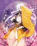  cherry_blossoms fox_shadow_puppet japanese_clothes kogitsunemaru long_hair male_focus open_mouth petals red_eyes smile solo sparkle touken_ranbu toyota_saori white_hair 