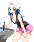  1girl bare_shoulders beanie blue_eyes blue_hair blush bracelet breasts downblouse drinking_fountain endou_masatoshi female hat hikari_(pokemon) jewelry leaning_forward long_hair looking_at_viewer nipple_slip nipples open_mouth pink_skirt pokemon pokemon_(game) pokemon_dppt sexually_suggestive simple_background small_breasts smile solo sweat watch water 