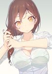  breasts brown_hair cleavage copyright_request dress_shirt gradient gradient_background large_breasts long_hair looking_at_viewer nilitsu shirt simple_background sleeves_rolled_up solo unbuttoned upper_body wet wet_hair wringing_hair yellow_eyes 
