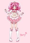  boots bow brooch character_name choker double_bun earrings frills full_body heart heart_earrings jewelry kagami_chihiro knee_boots magical_girl original pink pink_background pink_bow pink_eyes pink_hair pink_skirt precure puffy_sleeves short_hair sidelocks skirt smile solo standing white_footwear wrist_cuffs 