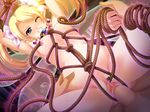  1boy 1girl arms_up bdsm blonde_hair blue_eyes bondage bound breasts clenched_teeth collar female game_cg hair_ornament hetero magic maisie_(reizoku_no_majo_april) midriff nipples penis pussy reizoku_no_majo_april rope short_hair solo teeth twintails wince wink 
