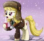  2015 beverage blonde_hair clothing coffee cup cutie_mark equine female food friendship_is_magic hair hat horse id_tag mammal march_gustysnows_(mlp) my_little_pony necktie pony purple_eyes snow snowing solo steam suit the-butcher-x ushanka 